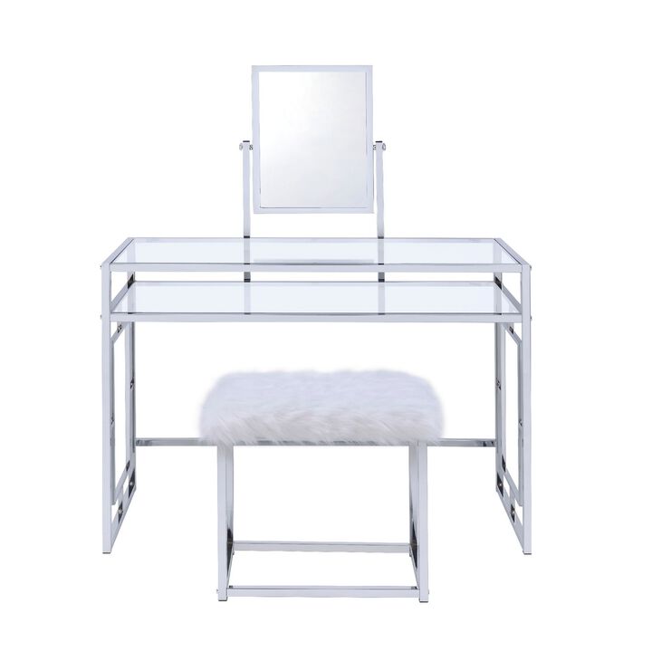 Glass and Metal Vanity Set With Faux Fur Stool