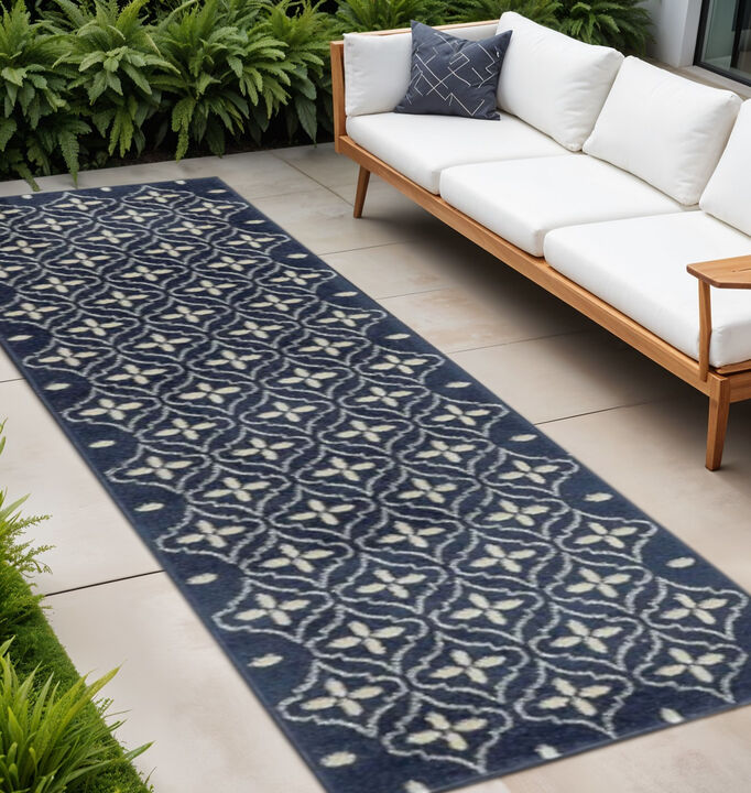 HomeRoots 8' Ivory And Navy Blue Geometric Indoor Outdoor Runner Rug