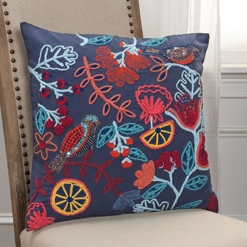 Artisan Jacobean Bloom Embroidered Throw Pillow For Sofa, Couch, or Bedroom