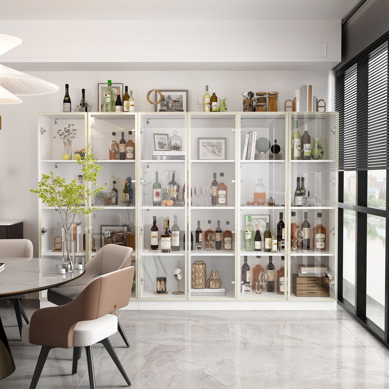 FUFU&GAGA 63 in. Tall White Wood Bookcase Bookshelf With 3-Color LED Lights and Tempered Glass Doors,(94.5" W x 63" H x 15.7" D), White