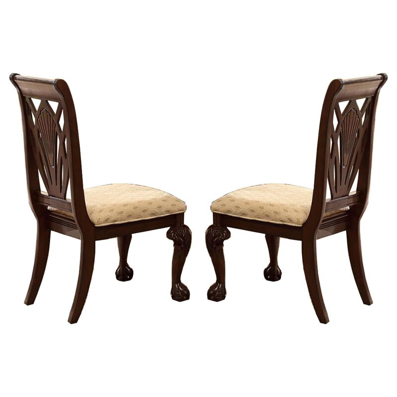Traditional Style Wooden Fabric Side Chair With Floral Motifs, Brown, Cream, Set of 2-Benzara