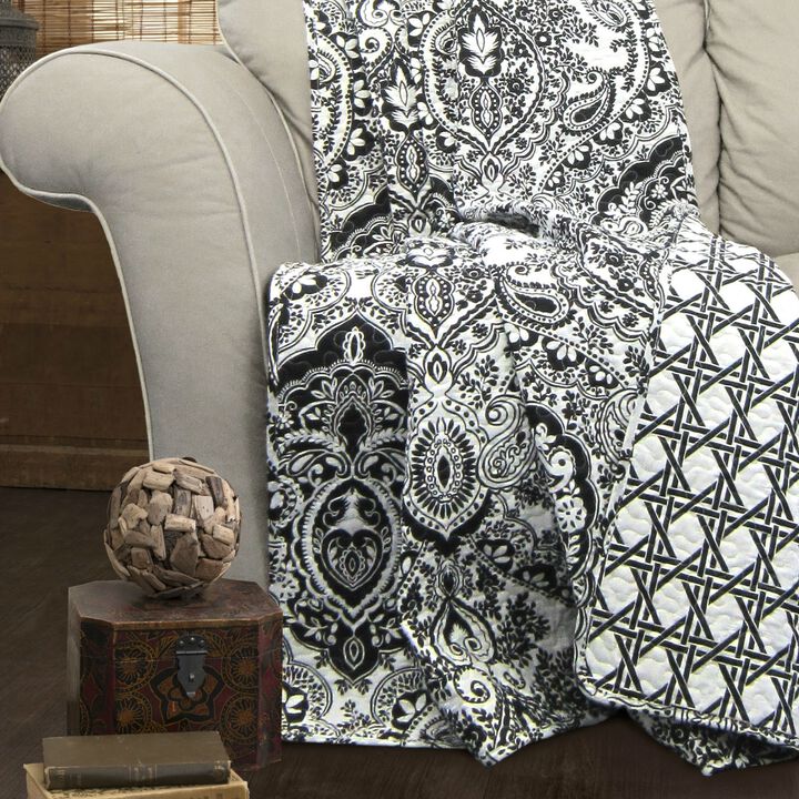 QuikFurn King size 3-Piece Cotton Quilt Set in Black White Paisley Damask