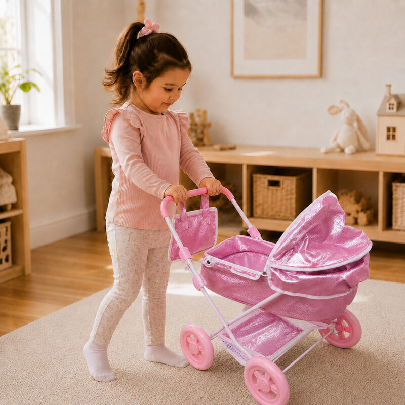 Olivia's Little World Baby Doll Bassinet Pram with Cover, Glitter Pink Doll Stroller with Retractable Canopy, Handle and Under Pram Storage for Doll Accessories image number 3