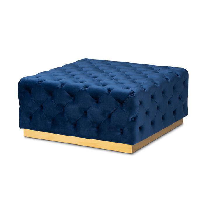 Baxton Studio Verene Glam and Luxe Royal Blue Velvet Fabric Upholstered Gold Finished Square Cocktail Ottoman