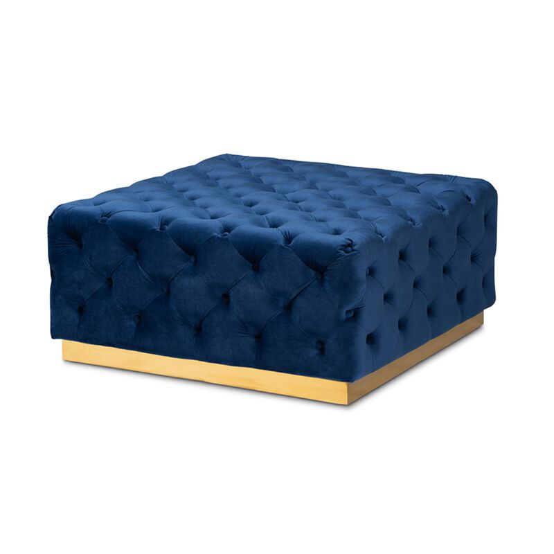 Baxton Studio Verene Glam and Luxe Royal Blue Velvet Fabric Upholstered Gold Finished Square Cocktail Ottoman