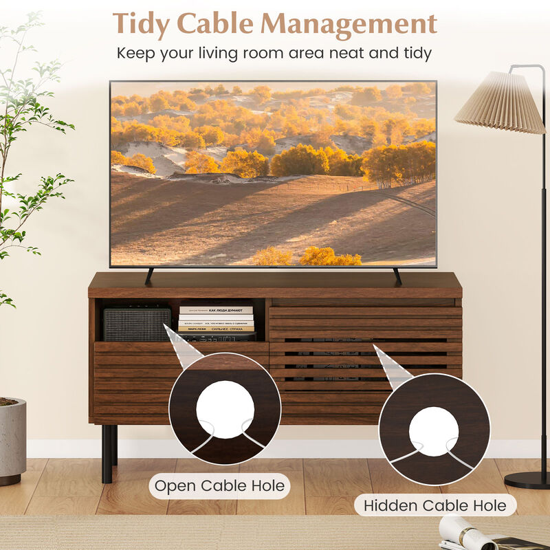 Fluted TV Stand, Mid Century Modern Entertainment Center with Open Storage Compartment-Walnut image number 5