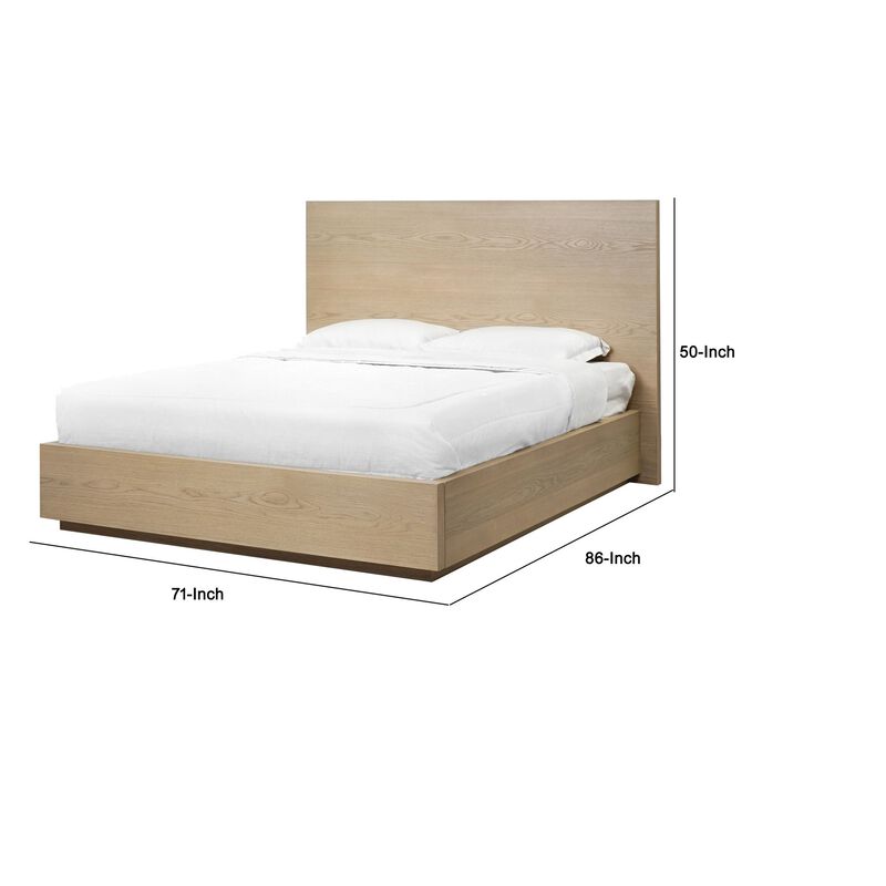 Aziel Queen Platform Bed, Panel Headboard, Mitered Edges, White Oak Brown - Benzara