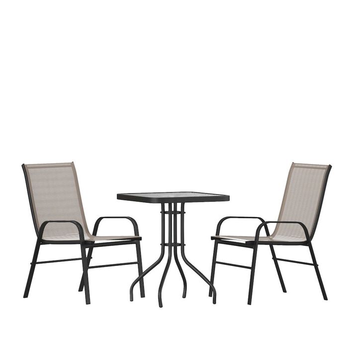 Flash Furniture 3 Piece Set - 23.5" Tempered Glass Patio Table, 2 Gray Stack Chairs