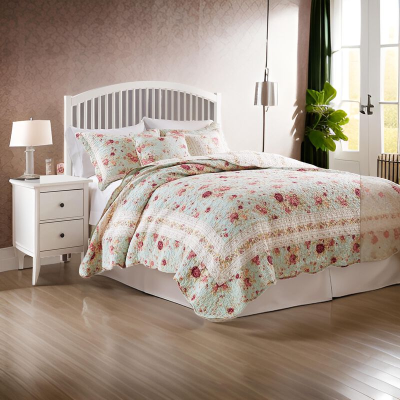 Rosle 5pc Full/Queen Quilt Set, Shams, Patchwork Floral Print, Blue Cotton - Benzara