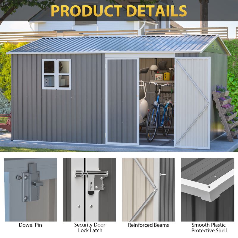 12 x 10 FT Galvanized Steel Shed, Lockable Storage for Patio & Garden image number 4