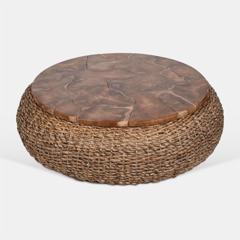 Jyra 47 Inch Round Coffee Table, Teak Wood Mosaic Top, Woven Banana Leaf Base, Natural Brown image number 2