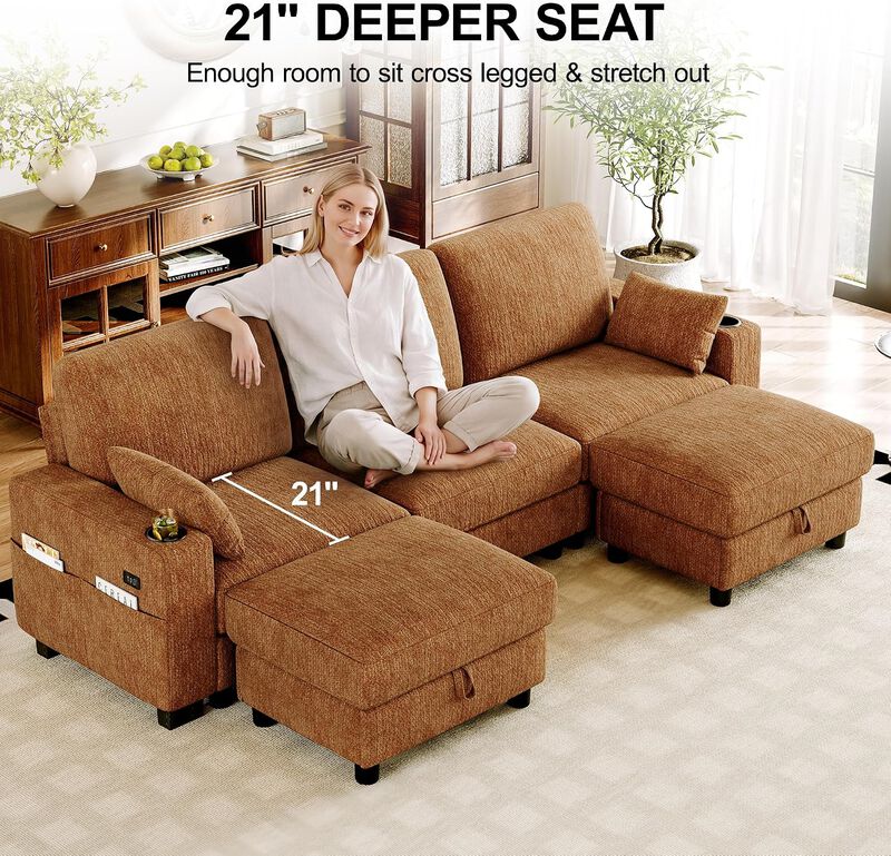 Vipbear 100" Modular Sectional Sofa Chenille 5 Seater U Shaped Couch with Moveable Ottoman image number 5