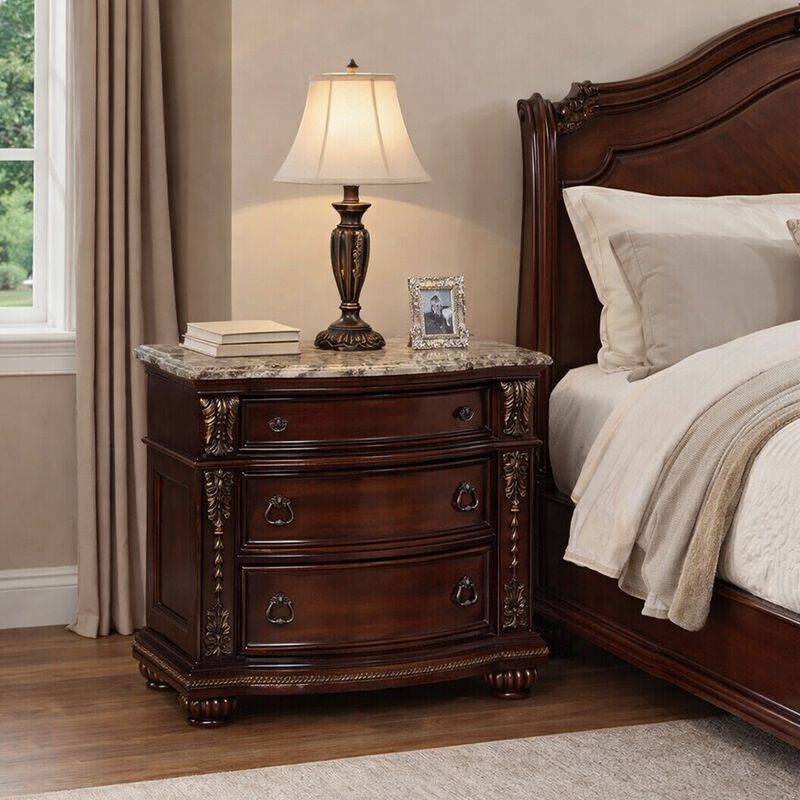 Sany Wooden Nightstand with Three Spacious Drawers and Bun Feet, Cherry Brown - Benzara image number 2