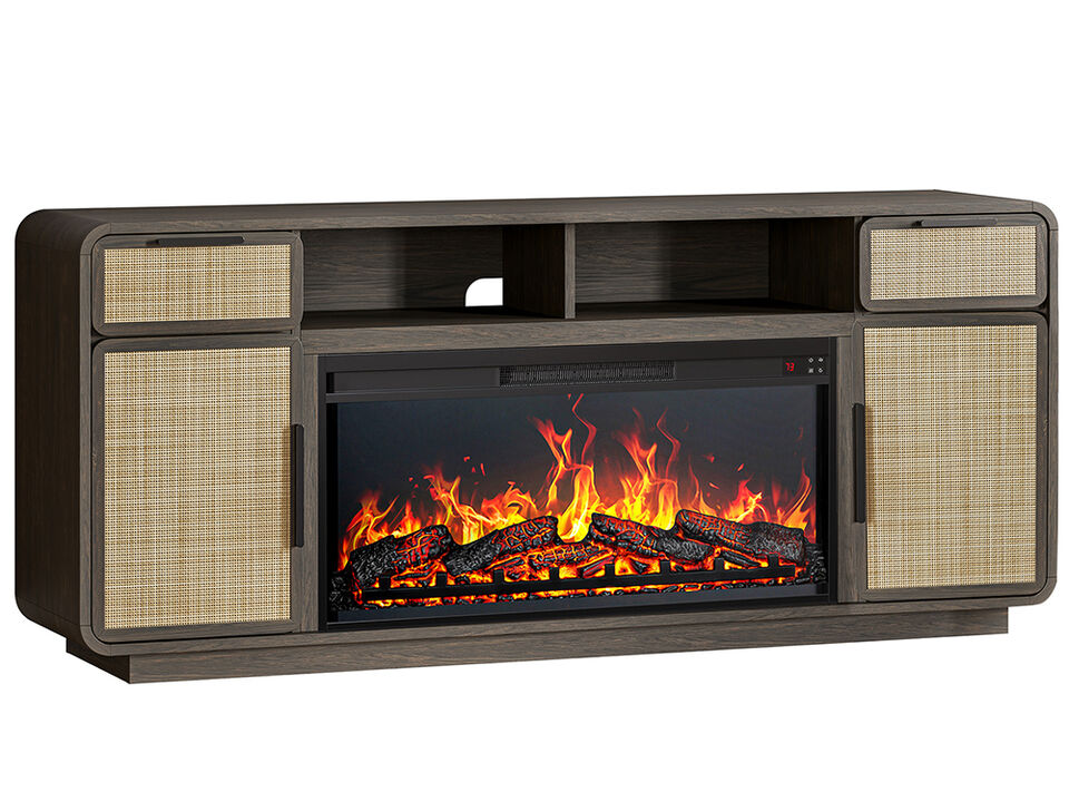BELLEZE 68" TV Stand for TV Up to 75", Entertainment Center with 36" Electric Fireplace Heater, Rattan Decorated Console Table Storage Cabinet for Living Room, Bedroom - Bower(Brown)