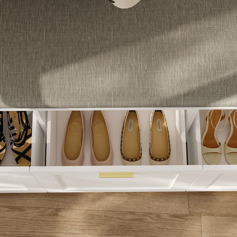 FUFU&GAGA Grand Wardrobe with Glass Doors, Soft Matte Finish, P2 MDF Construction, Gold Handles & Cushioned Nook (122"W x 97"H x 15.7"D),White