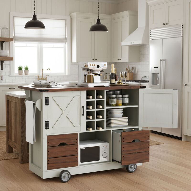 Whisen 54" Farmhouse Kitchen Island with 2 Drawers, Power Outlet & Adjustable Shelves, MDF for Kitchen & Dining image number 1