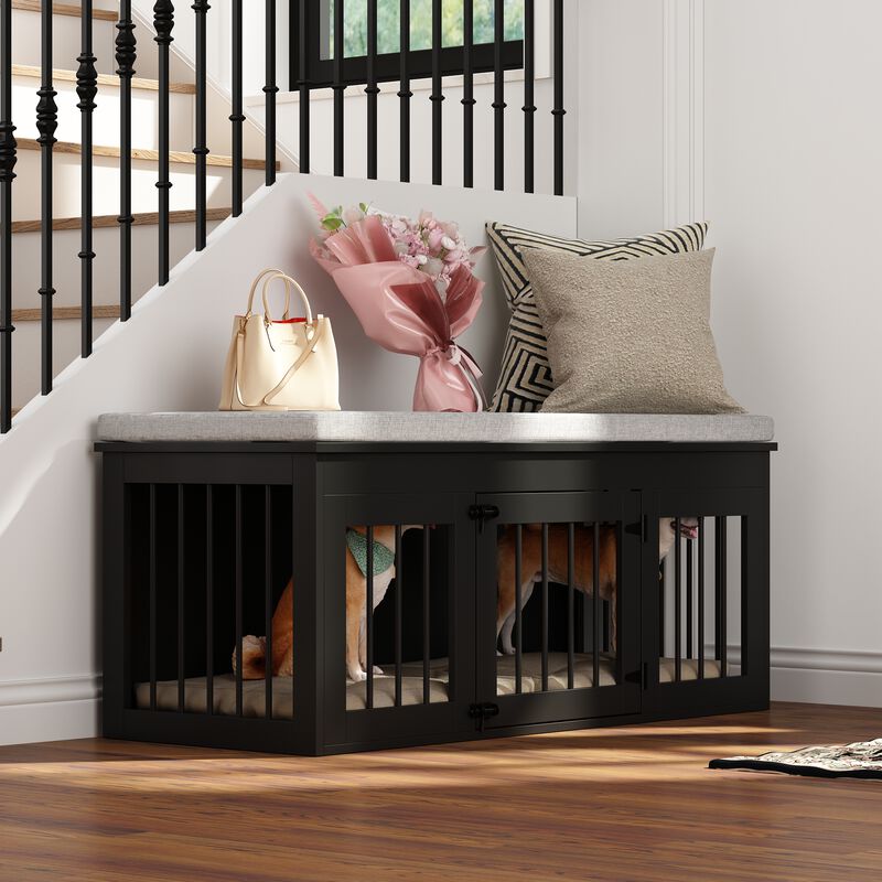 Wooden Bed End Bench Dog Crate, Dog Kennel Indoor Modern Crates Entryway Bench Furniture for Small Medium Pets, Black