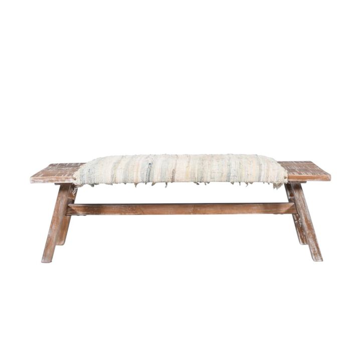 HomeRoots 50" White and Brown Cotton Upholstered Striped Bench