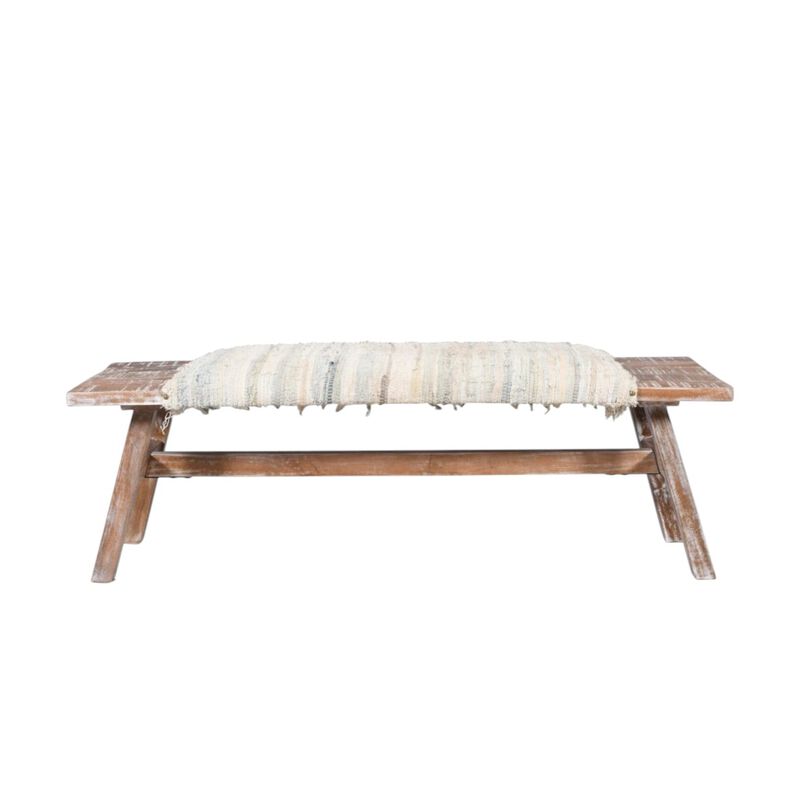 HomeRoots 50" White and Brown Cotton Upholstered Striped Bench image number 0