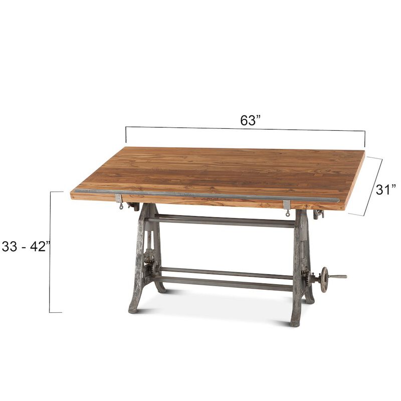 World Interiors Artezia 62-Inch Reclaimed Teak Wood Drafting Desk with Adjustable Crank image number 2