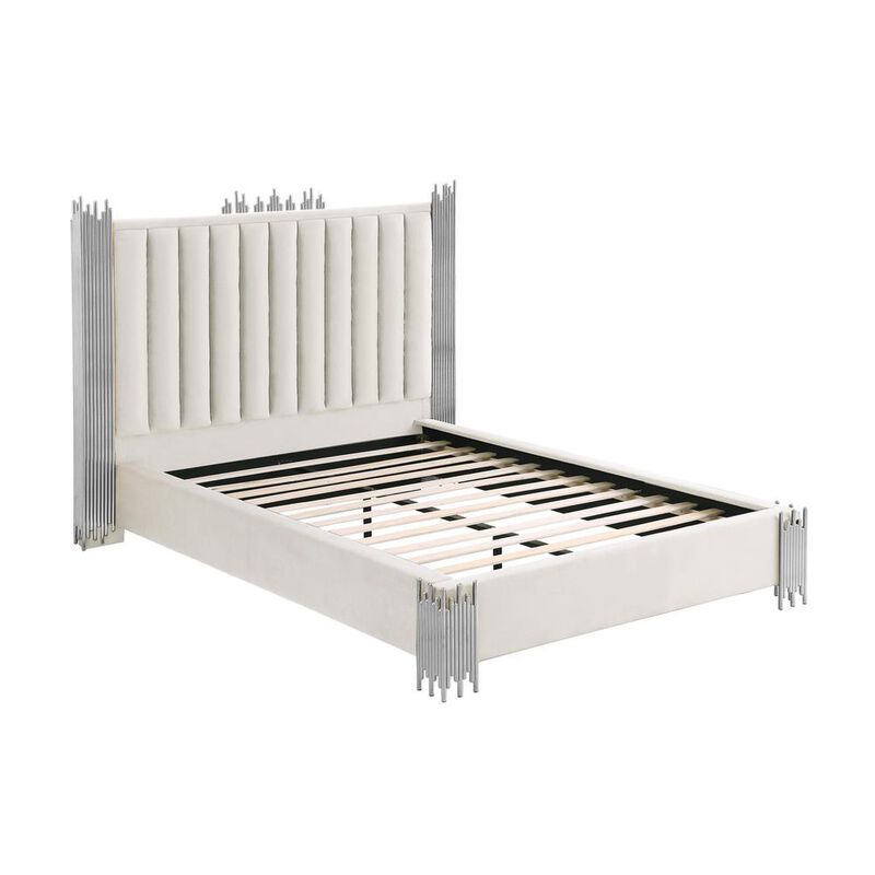 Best Quality Family Eastern King size Cream velvet bed with silver corners (Platform)