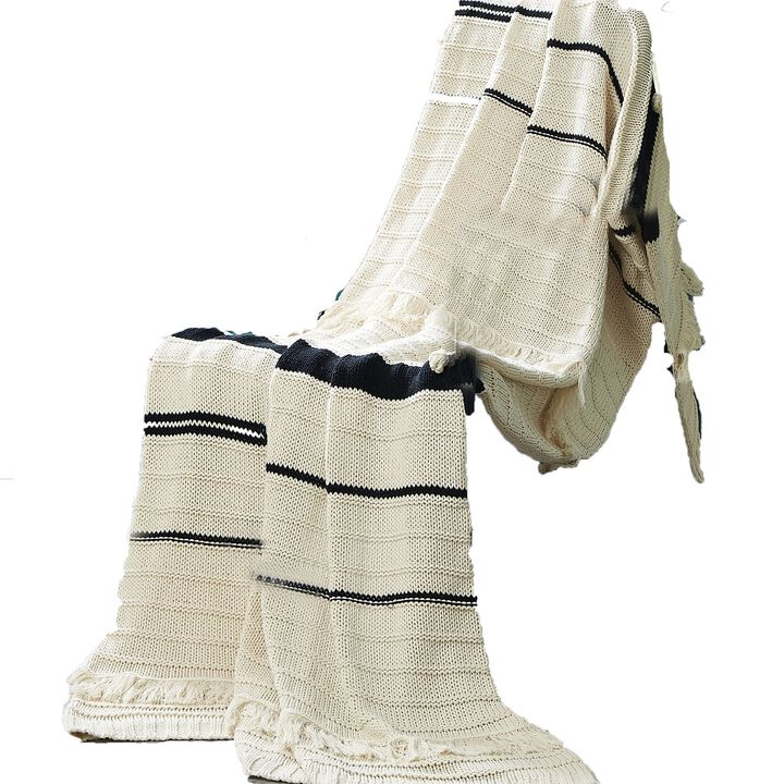 Kai 50 x 70 Throw Blanket with Fringes, Soft Knitted Cotton, Ivory, Black - Benzara