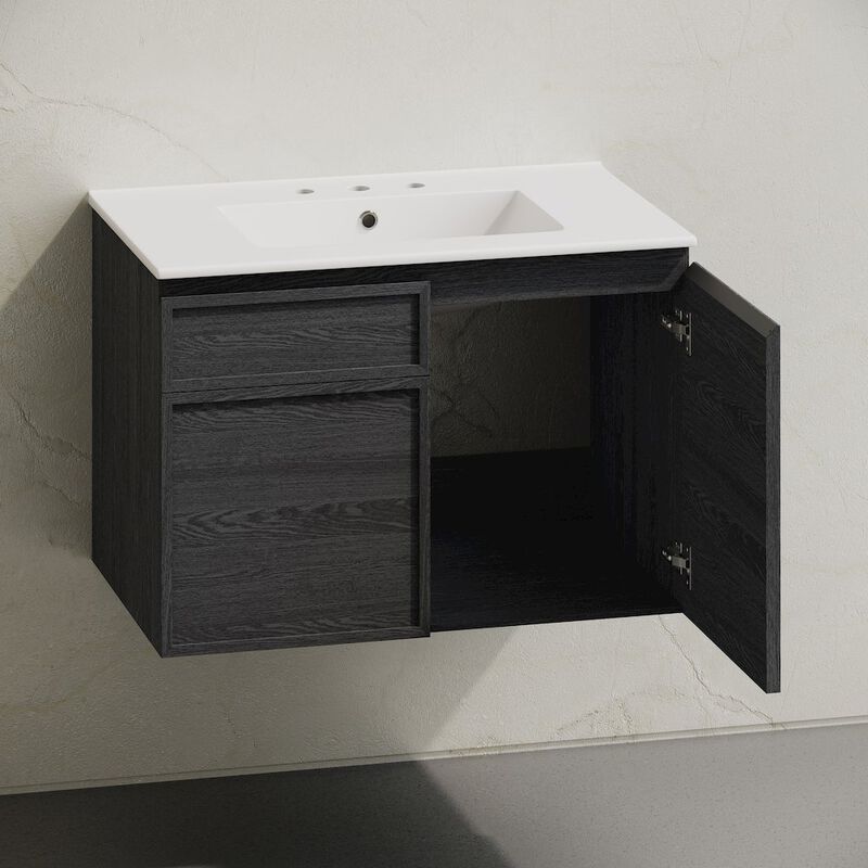 30" Wall-Mounted Bathroom Vanity in Black Oak with 3-Hole Widespread Sink Top image number 3