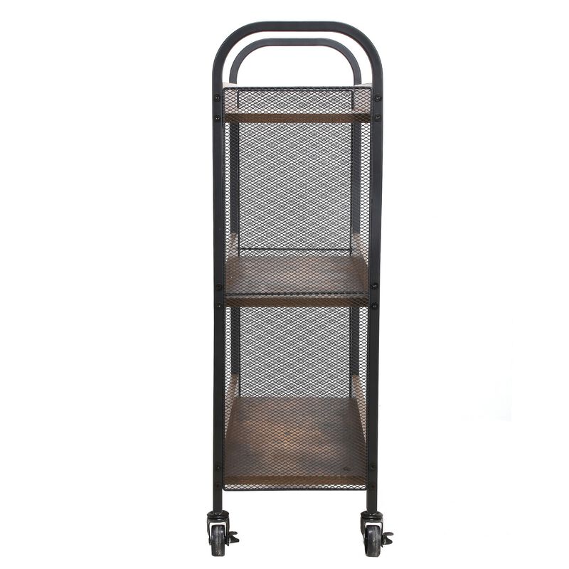 3 Tier Wood and Metal Kitchen Cart with Mesh Side Panel, Brown and Black-Benzara image number 2