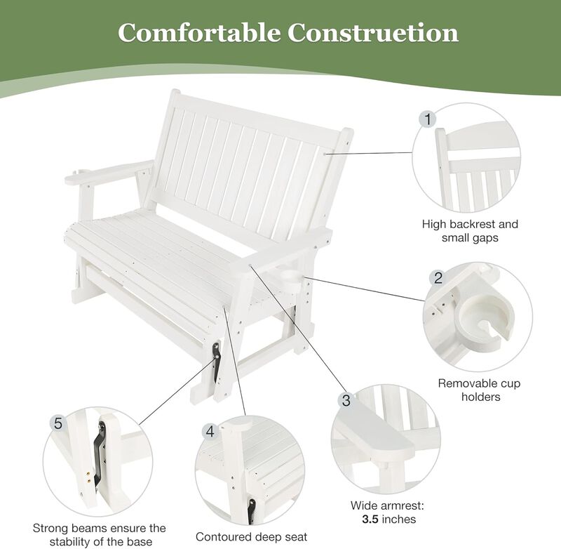 Poly Lumber Patio Glider Two Seat with Cup Holders, Durable HIPS Material, All-Weather Resistant, High Backest and Deep Contoured Seat, Heavy Duty 900 LB, for Outdoor, Porch, Patio (White)