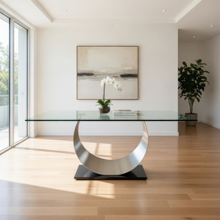 Metal and Glass Dining Table with Unique U Shape Pedestal Base, Chrome and Black