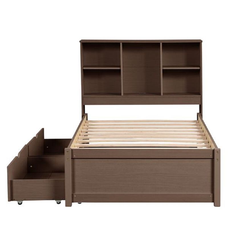 Stylish Bed Frame with USB Ports, Headboard with Bookcase & 2 Storage Drawers for Bedroom
