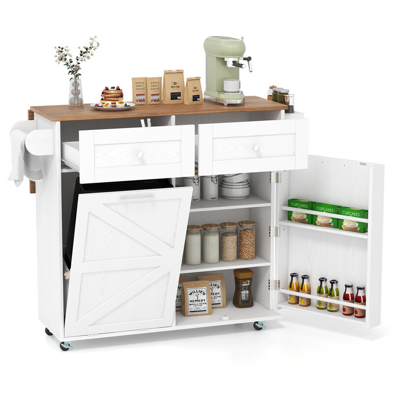 Rolling Kitchen Island with Trash Can Cabinet and Rubber Universal Wheels