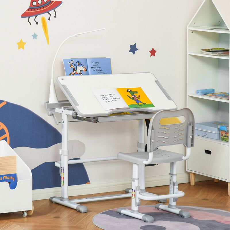 Kids Desk and Chair Set Height Adjustable Children Study Table with Tilt Desktop, LED Lamp, Drawer, Reading Board, Cup Holder, Pen Slots image number 1