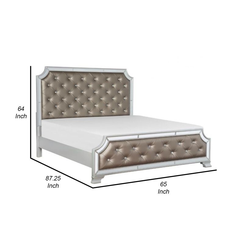 Badra Queen Bed with Crystal Button Tufting, Mirror Trim, Gray Faux Leather - Benzara