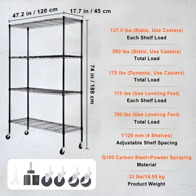 4 Tier Rolling Storage Shelving Unit, Heavy Duty Metal Wire Rack with Wheels image number 2