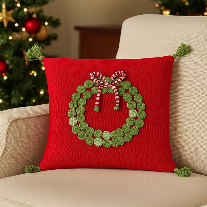 Green Wreath Christmas Pillow, 14", Holiday Decorations