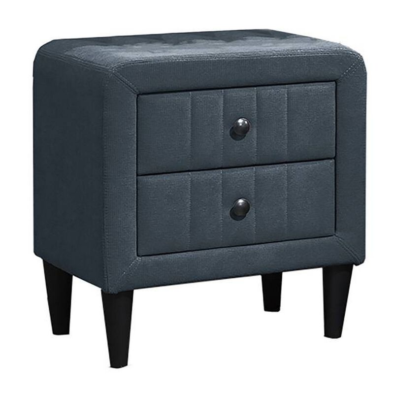 Rheo Nightstand, 2 Drawers, 22 Inch Upholstered in Charcoal Gray Linen - Benzara