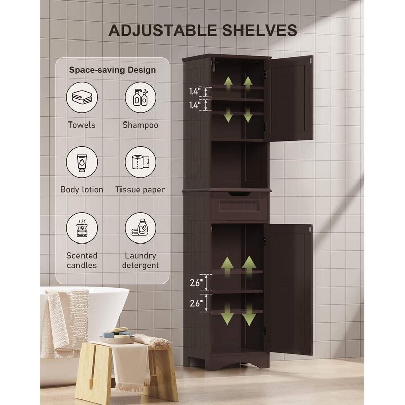 Slim Bathroom Linen Tower with Double Doors, Storage Drawer & Shelf