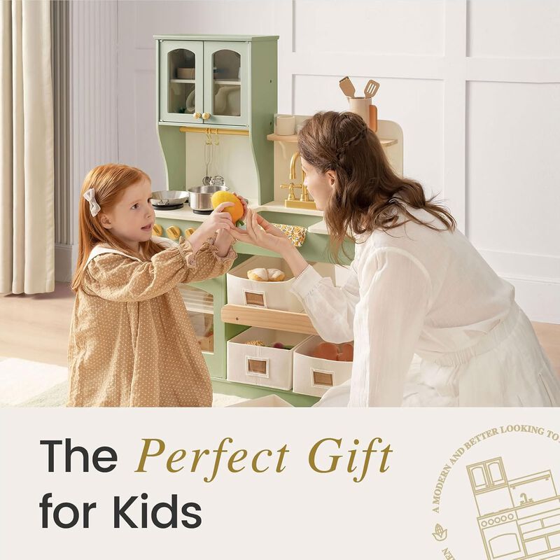 Wooden Play Kitchen with Toy Storage, Built-In Cabinets, Felt Bins & Cookware Accessories Make Cleanup Easy While Encouraging Organizational Skills image number 6