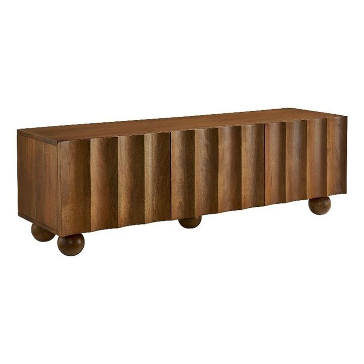 Modway Sorren 54 Inch Scalloped TV Stand in Walnut &ndash; 3 Door Media Console Cabinet &ndash; Modern Storage TV Stand with Doors
