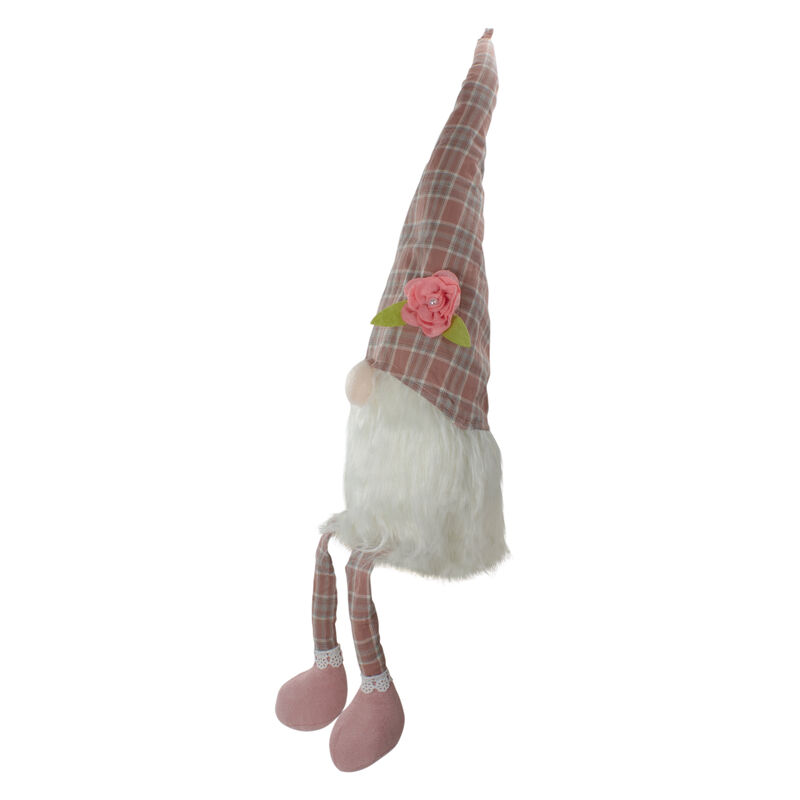29" Pink and White Plaid Spring Gnome Table Top Figure with Dangling Legs