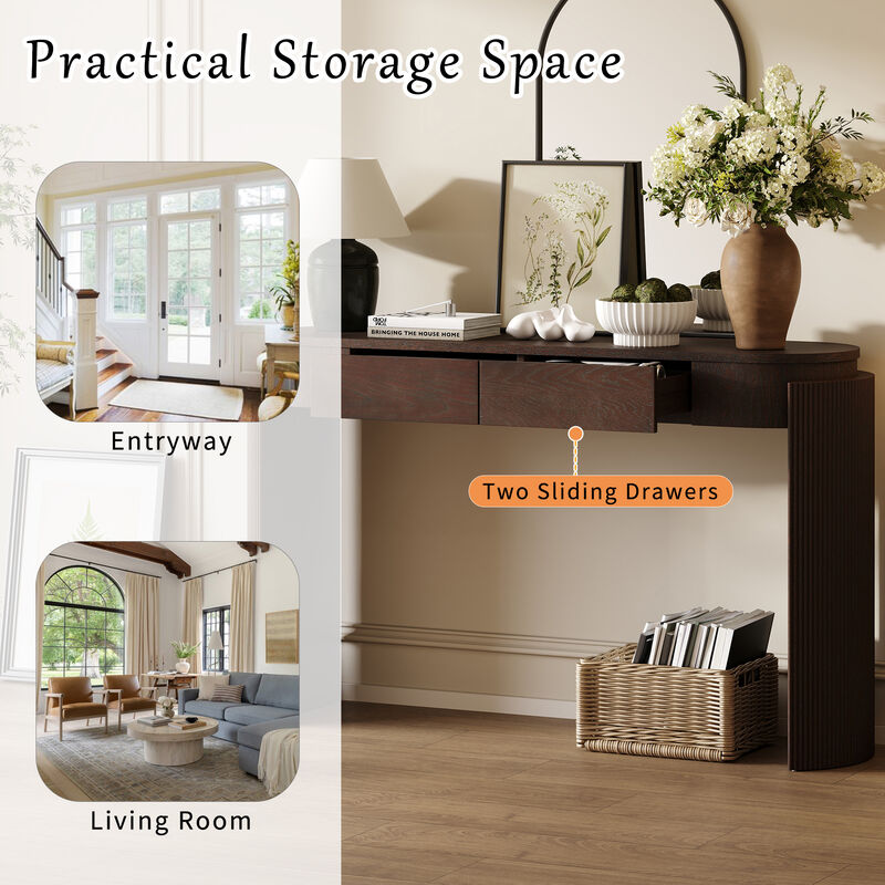 Merax Entryway Table with Natural Wood Grain Finish, Console Table with Fluted Design, Oval Top and 2 Drawers