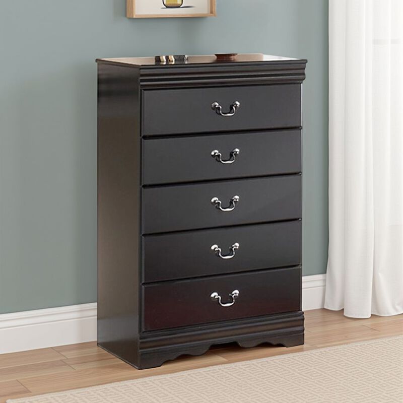 Yara Tall Dresser Chest, Classic Black, 5 Drawers Pewter Metal Handles