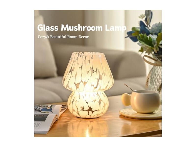 Cordless LED Battery Operated Glass Mushroom Lamp For Living Room Bedroom White image number 3