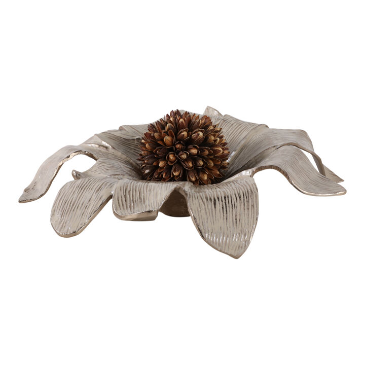20" Blooming Flower Metal Bowl, Ivory/gold