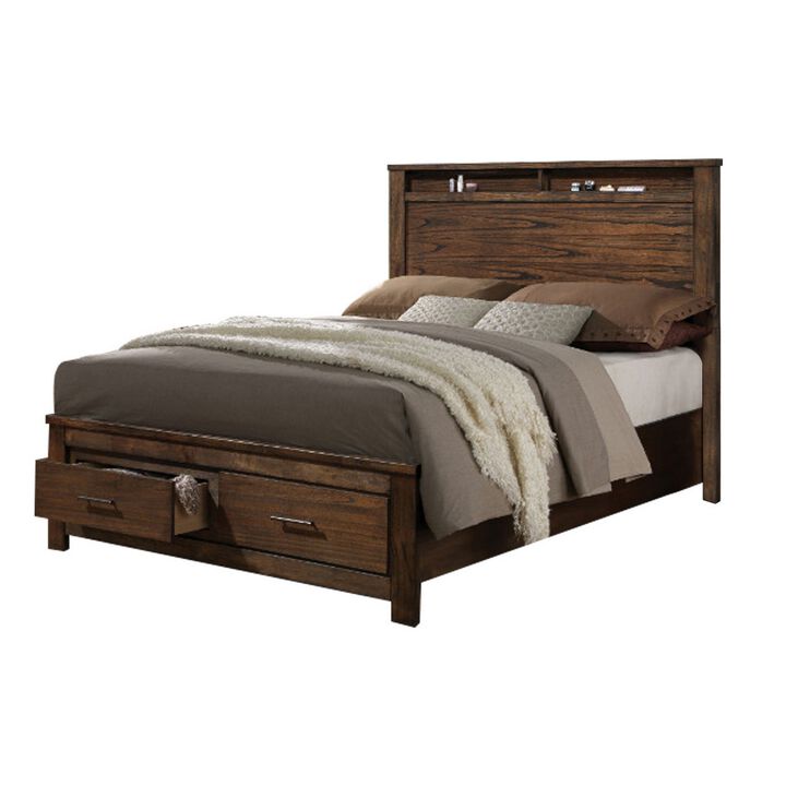 Contemporary Style Spacious Queen Bed With Storage Footboard, Brown-Benzara