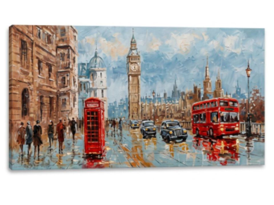 Large Street Scene Wall Art Featuring Red Bus Classic Architecture European City
