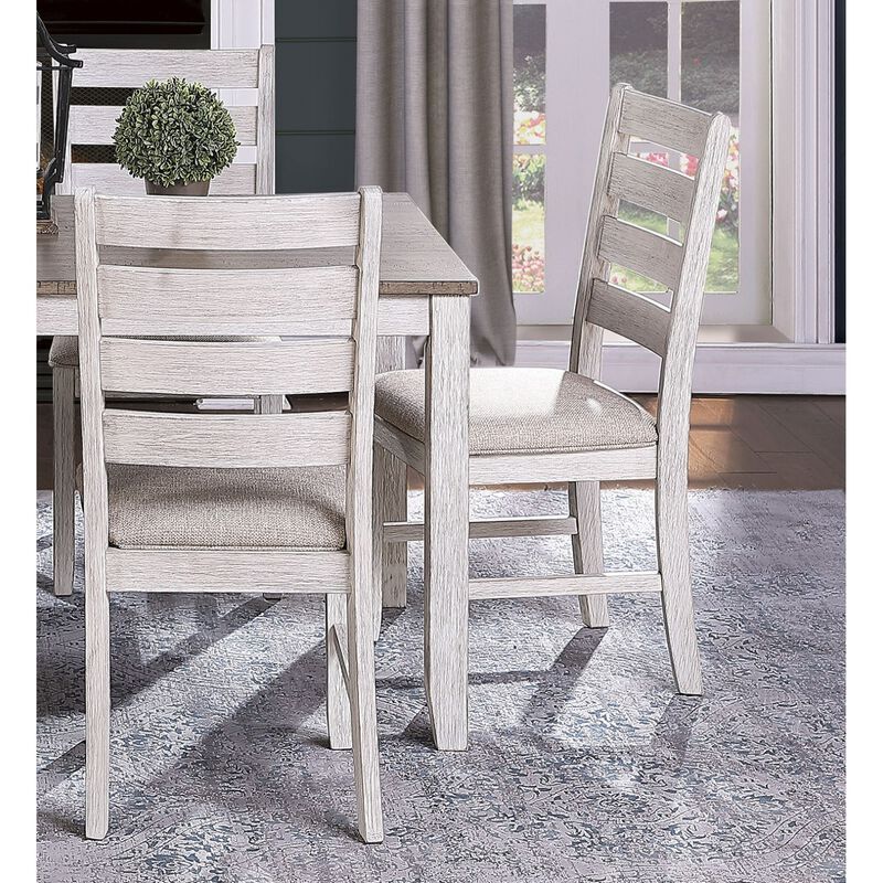 Grayish White and Brown Finish Casual Dining Room Furniture 5pc Dining Set Rectangular Wooden Table and 4x Side Chairs Fabric Upholstered Seat
