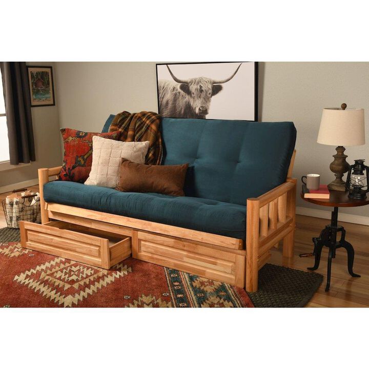 Lodge Frame-Natural Finish-Suede Navy Mattress-Storage Drawers