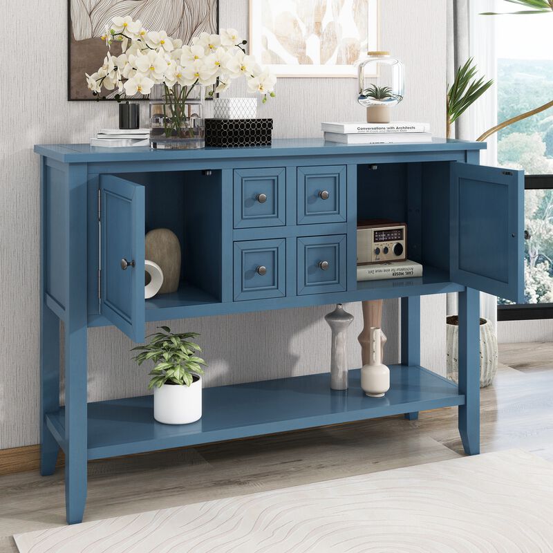 Whisen Vintage Console Table with Four Small Drawers and Bottom Shelf for Living Rooms, Entrances and Kitchens - Retro Blue